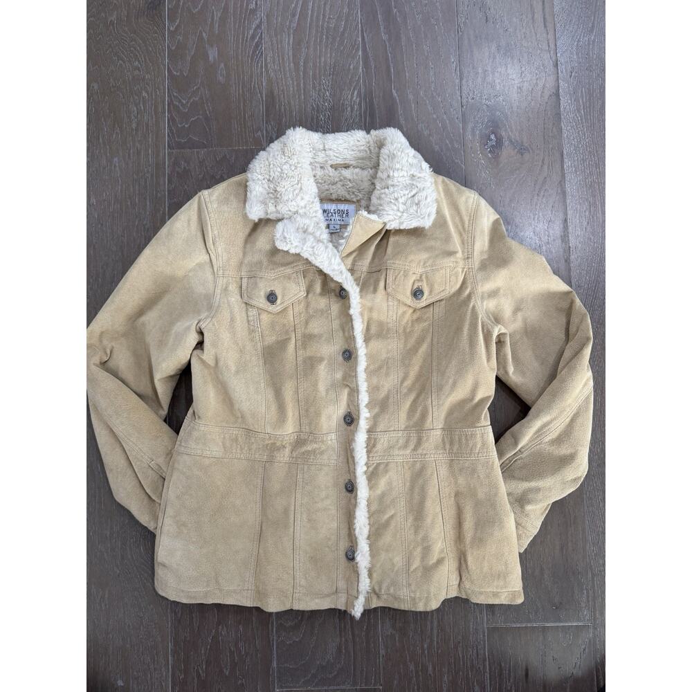 Vintage Y2k Wilsons Maxima Tan Suede Leather Coat Jacket Shearling Fur Trim L